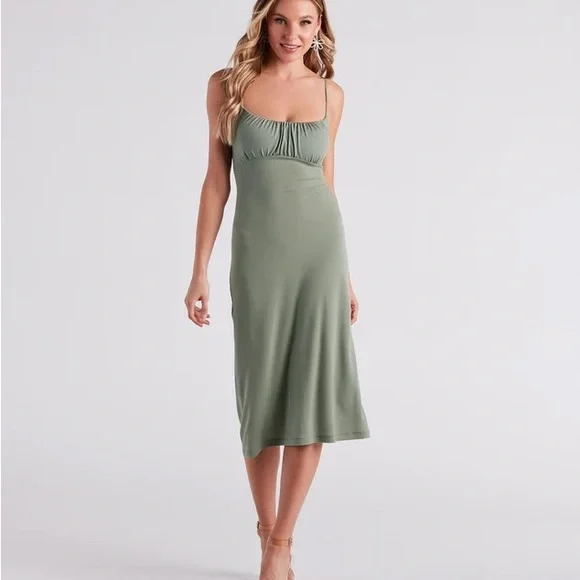 sage green midi dresses Maya Dark Sage Green V Neckline Embellished Midi Dress – Maya Deluxe main image 0